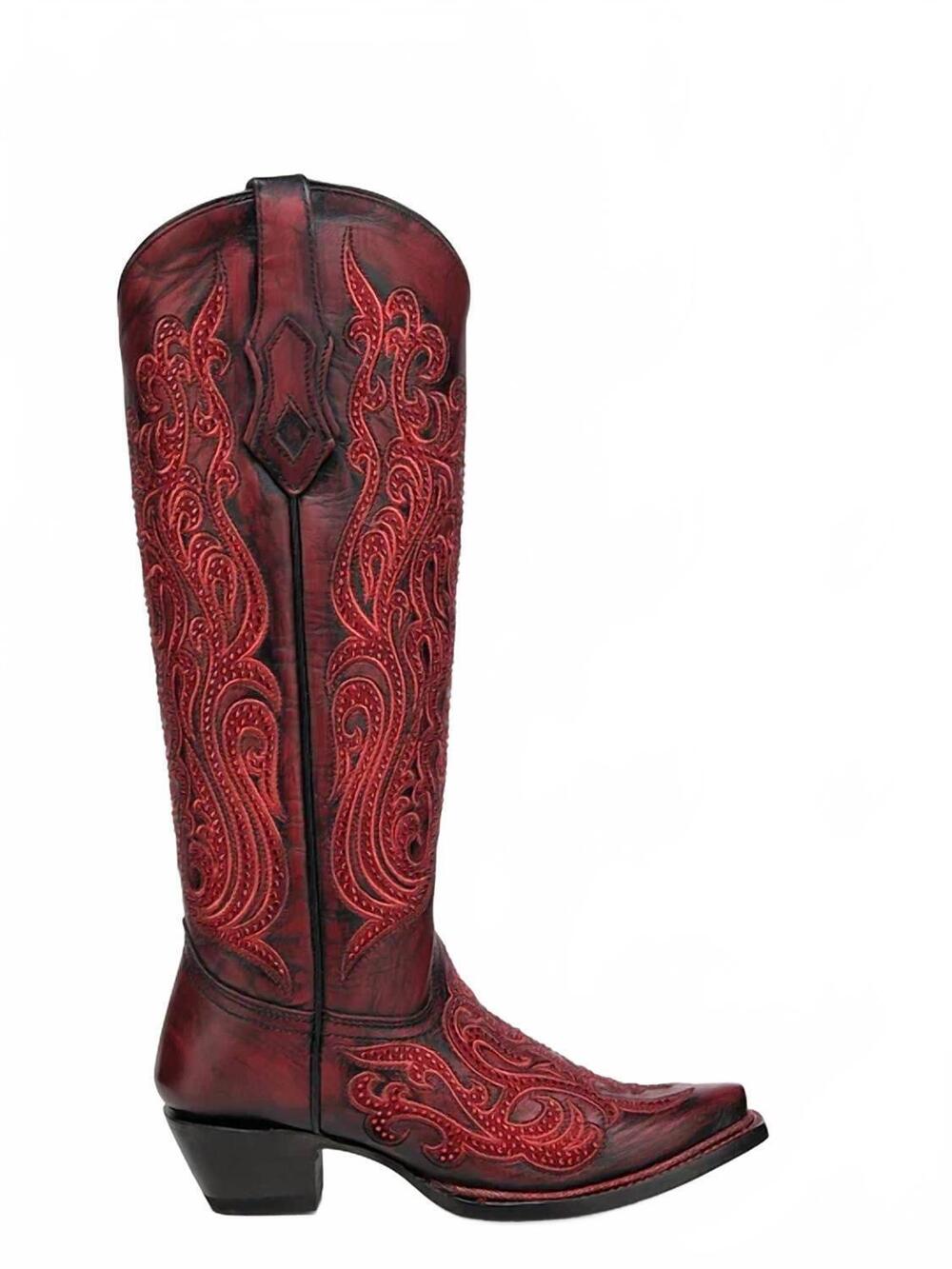 NEW CORRAL women's embroidery crystals tall snip toe boot in red/black
